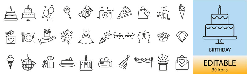 Birthday icon collection, Happy birthday icon sheet, editable and birthday party collection