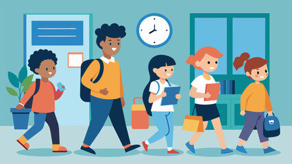 As the clock strikes 4 PM a group of students make their way to the designated classroom for afterschool homework help eager for the calm guidance of their trustworthy teacher.. Vector illustration