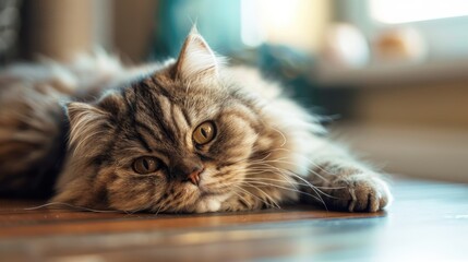 Fototapeta premium Relaxed Persian Cat Resting on Table in Cozy Home Environment