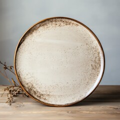 beautiful handmade dinner plate with earth and natural tones, very wabi-sabi and trendy feel, isolated on a neutral background