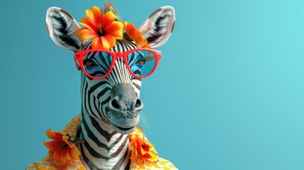 A stylish zebra wearing sunglasses and summer suit, Animal funny pop art, A zebra in summer clothes fashion