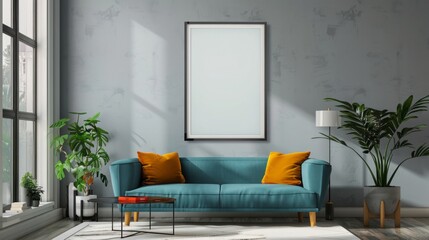 Frame mockup ISO A paper size Living room poster mockup Interior mockup with house background Modern interior design 3D render Three vertical ISO A2 frame mockup reflective glass mockup poster on the