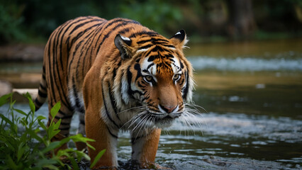 Tiger walking by the river