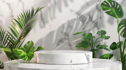 white marble product display podium with nature leaves