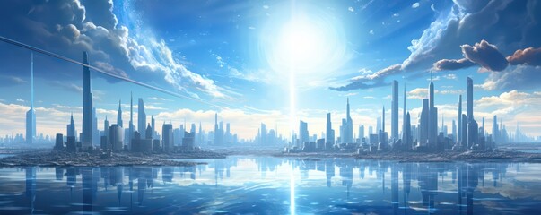 Fototapeta premium futuristic metropolis cityscape with glass tall buildings and excellent natural light and shinny water mirror