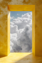Ethereal Minimalist Composition with Recessed Tunnel and Soft Cloud Formations in Pale Yellow Expanse,Digital 3D Render in Cinematic Photographic