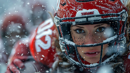 Professional female athletes competing an American football game on a snowy day with a packed...