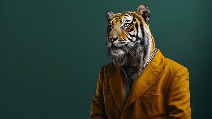 Stylish Bengal Tiger in Mustard Yellow Pantsuit Against Green Background