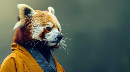Fototapeta premium Stylish Red Panda in Mustard Kimono and Navy Hakama against Serene Forest Backdrop