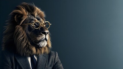 Stylishly Dressed Lion Wearing Glasses Looks Ahead with Majestic Presence Against Royal Blue Background