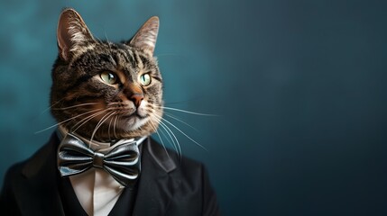 Stylishly Dressed Tabby Cat Wearing Charcoal Gray Tuxedo and Silver Satin Bowtie Against Sophisticated Midnight Blue Background