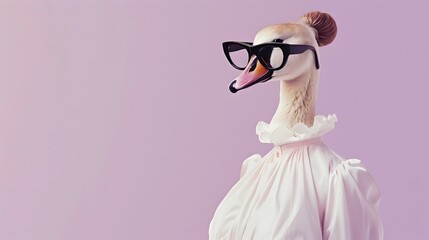 Stylized Portrait of an Elegant Swan Wearing Fashionable Cat Eye Glasses Against a Soft Lavender Background with Ample Copy Space