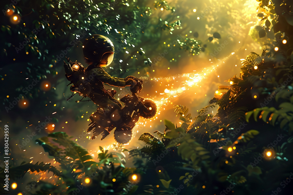 Poster Futuristic Hover-Tricycle Pilot Navigating Lush Singaporean Forest,Powered by Quantum Computing Core