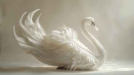 Graceful Swan Paper Sculpture in Serene Outdoor 3D Rendering with Impressionist Influences