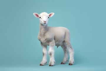 Fototapeta premium Cute little Baby lamb standing isolated on blue background