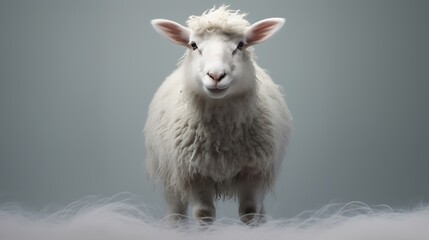 Fototapeta premium Cute white lamb sheep kid with fully grown white wool hairs, Front view of little lamb
