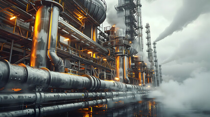 Immersive Industrial Steel Pipeline Facility with Towering Smokestacks and Intricate Machinery in Landscape