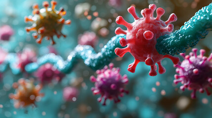 Antibodies attacking virus, 3d illustration. The body's own immune system releases immunoglobulin, or antibodies, to attack pathogens.