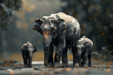 Naklejka premium Intimate Tableau of Thai Elephant Family's Interconnected Movements Captured in Cinematic Bullet Time Effect