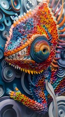 Fototapeta premium Intricate Chameleon-Inspired Paper Collage with Layered Textures and Vibrant Kaleidoscopic Color Scheme