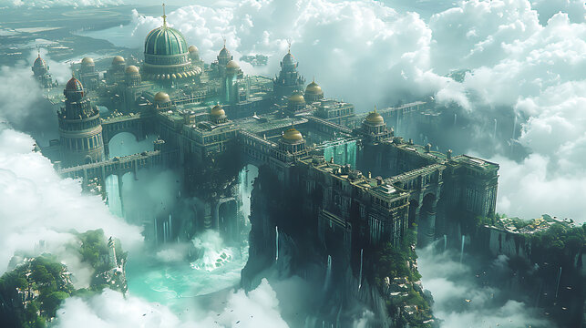Atlantean civilization flourishing with the wisdom of the Emerald Tablets on a mythical island