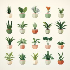 minimal vintage potted house plants illustration in green and yellow flat colors isolated on a neutral background
