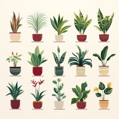 minimal vintage potted house plants illustration in green and yellow flat colors isolated on a neutral background