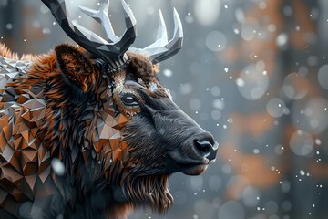 Majestic Geometric Deer Portrait in Snowy Forest Scene