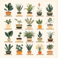 minimal vintage potted house plants illustration in green and yellow flat colors isolated on a neutral background