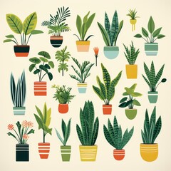 minimal vintage potted house plants illustration in green and yellow flat colors isolated on a neutral background