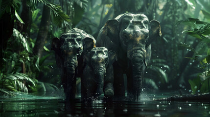 Majestic Thai Elephant Family Frozen in Dramatic Jungle Setting