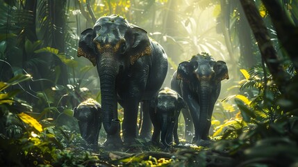 Majestic Thai Elephant Family Roaming Through Lush Jungle Canopy Bathed in Dramatic Lighting