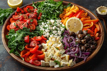 fresh salad with a mix of arugula, roasted red peppers, and crumbled goat cheese