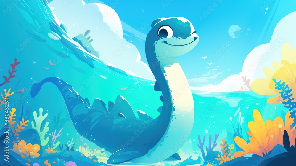 Wall mural Animated cartoon featuring a playful plesiosaurus