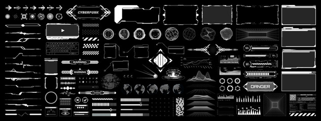 Futuristic digital UI, UX, KIT elements for games and app. Hi-tech digital HUD elements, charts, circles, callouts titles, loading bars, buttons, frame, windows UI. HUD graphic set for VR, App