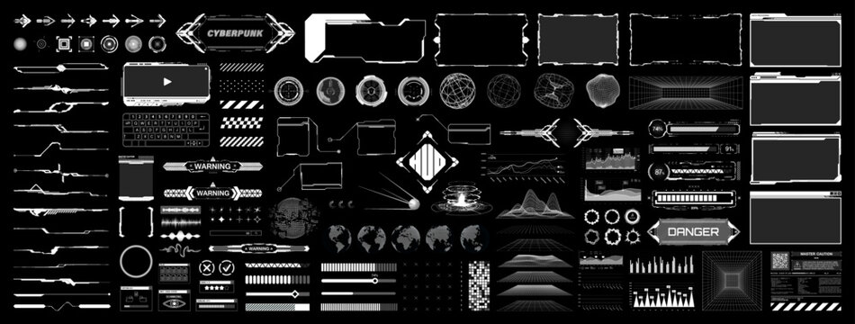 Futuristic digital UI, UX, KIT elements for games and app. Hi-tech digital HUD elements, charts, circles, callouts titles, loading bars, buttons, frame, windows UI. HUD graphic set for VR, App