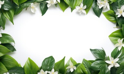 Fototapeta premium frame border of beautiful green leaves and white flowers with blank space for text