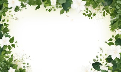Fototapeta premium frame border of beautiful green leaves and white flowers with blank space for text