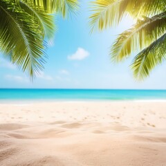 The beach view is comfortable and calming, you can see the sand and sea along with typical beach foliage. Tropical themes, wallpapers, templates, backgrounds, posters.