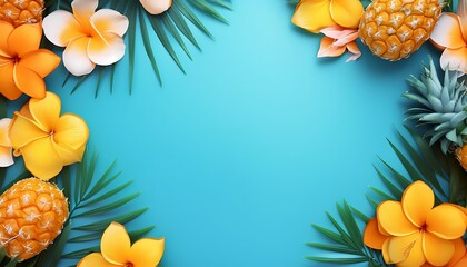 The blue tropical background has a Hawaiian theme and there are flowers and leaves around it. wallpaper.