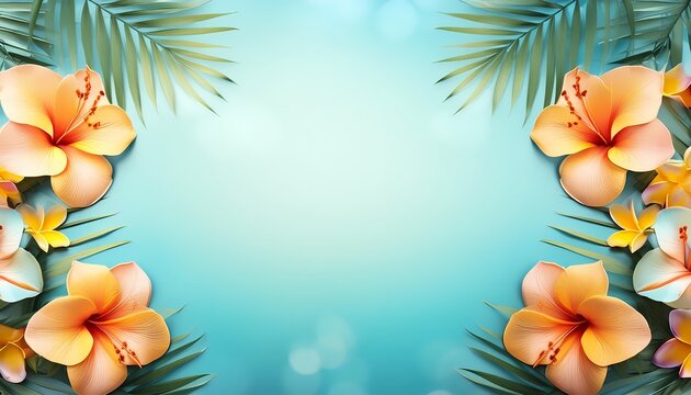 The blue tropical background has a Hawaiian theme and there are flowers and leaves around it. wallpaper.