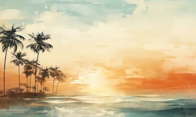 tropical beach wallpaper with palm trees and a beautiful sea with smooth warm pastel colors