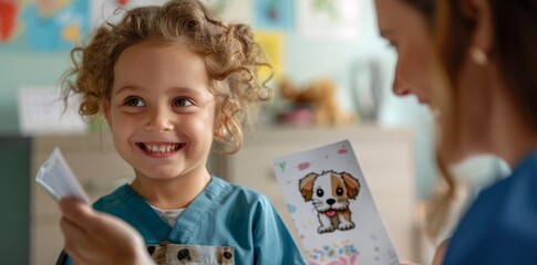 A child holds a card with an illustration of a dog to show his mouth to a therapist in an office during speech therapy on June 1, Children's Day. The focus is on their expressions and interactions as 