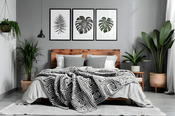 Patterned blanket on wooden bed in grey bedroom interior with plants and posters