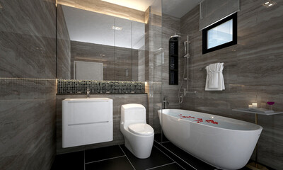 The luxury bathroom interiors design idea concept and marble texture wall. 3d rendering.
