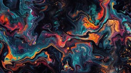 Obraz premium Psychedelic fluid, liquid, painting with orange and cyan abstract background. Black background