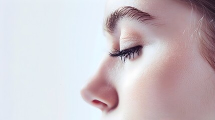 Serene Closeup of a Naturally Beautiful Face with Freshly Applied Eyelash Extensions Against a Clean White Background