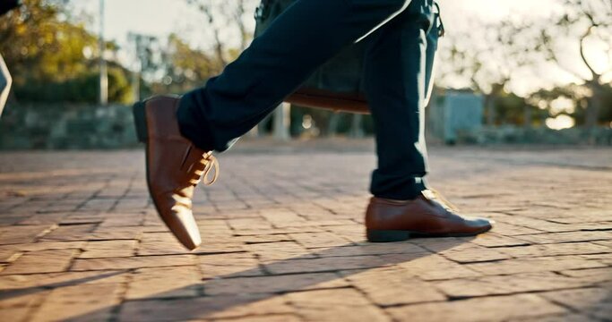 Business, man and legs with travel in park for company, career and morning commute to work. Sunrise, briefcase and professional person with walking in nature for corporate, job and journey in Chicago