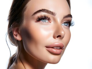 Fototapeta premium Stunning Portrait of a Glamorous Model with Hybrid Eyelash Extensions on a Clean White Background