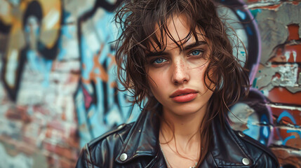 A moody portrait of a young person with messy hair and a distressed leather jacket, standing...